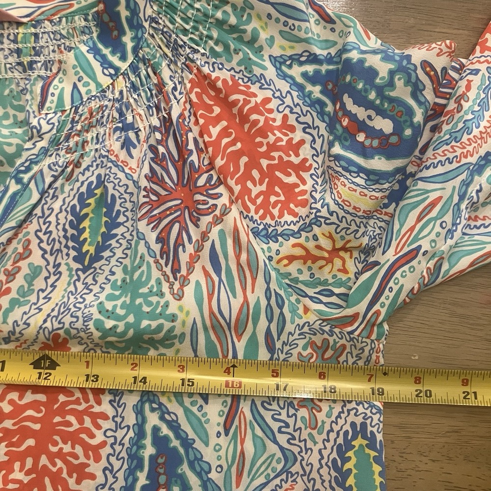 Lilly Pulitzer Elsa‎ Silk Top Size Small Let Minnow Coral Print Blue Long Sleeve - Picture 8 of 10